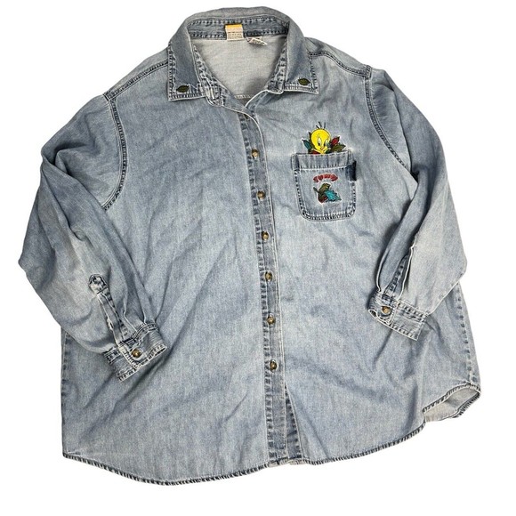 Vintage 2000s Looney Tunes Tweety Denim‎ Shirt Plus 26W/28W Chambray - Picture 1 of 11